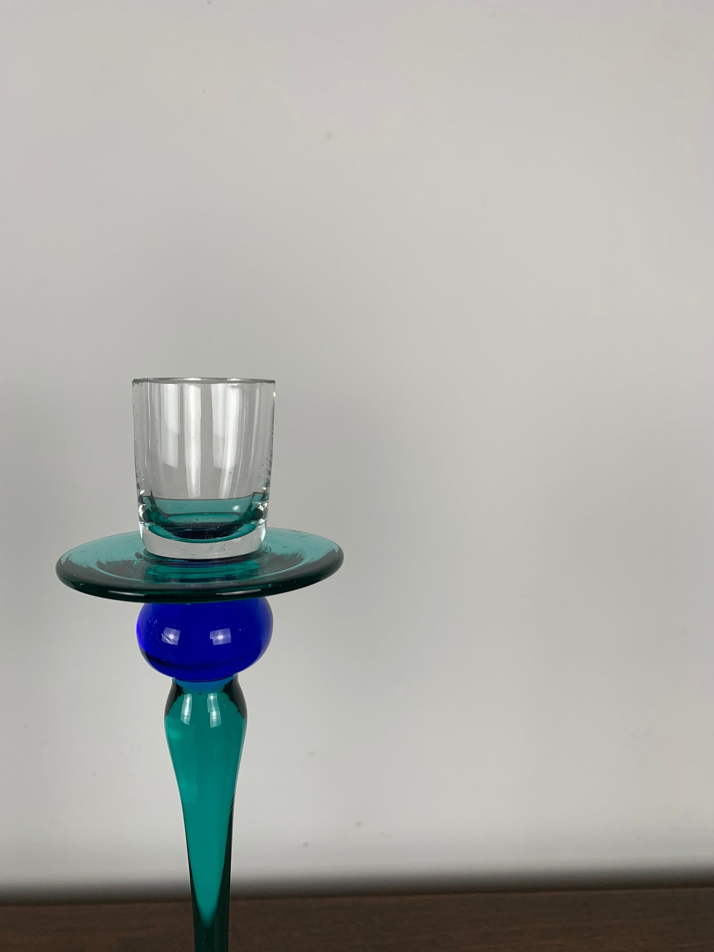 Duo of blue and green glass candle holders