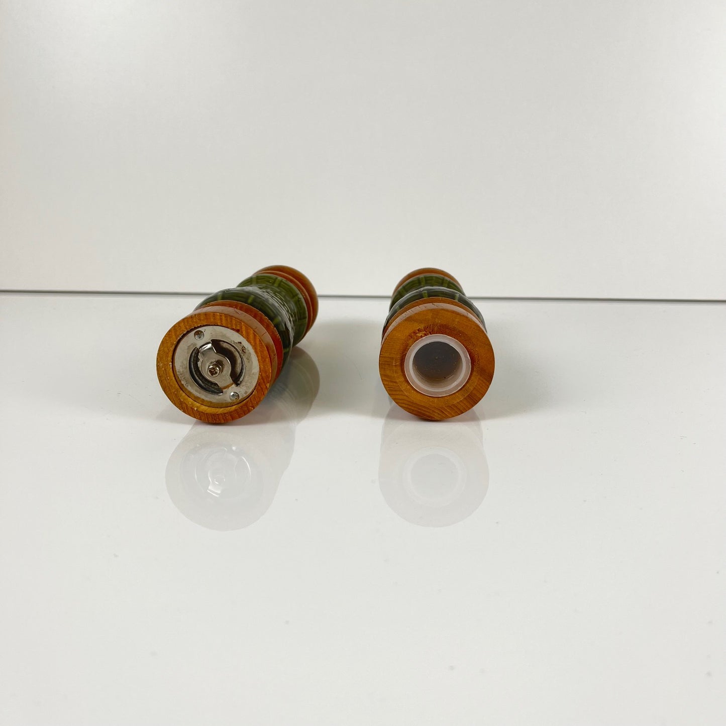 Green ceramic salt and pepper shaker set and salad servers, 1970