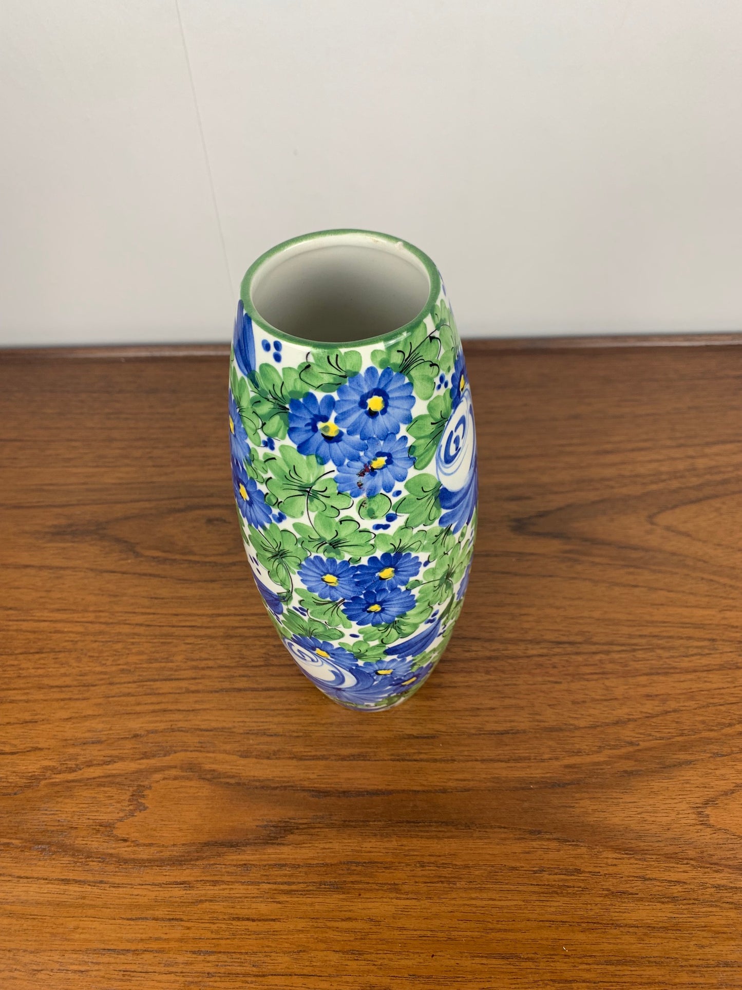Vase Italien San Marino Titano, motif floral vert et bleu, MCM