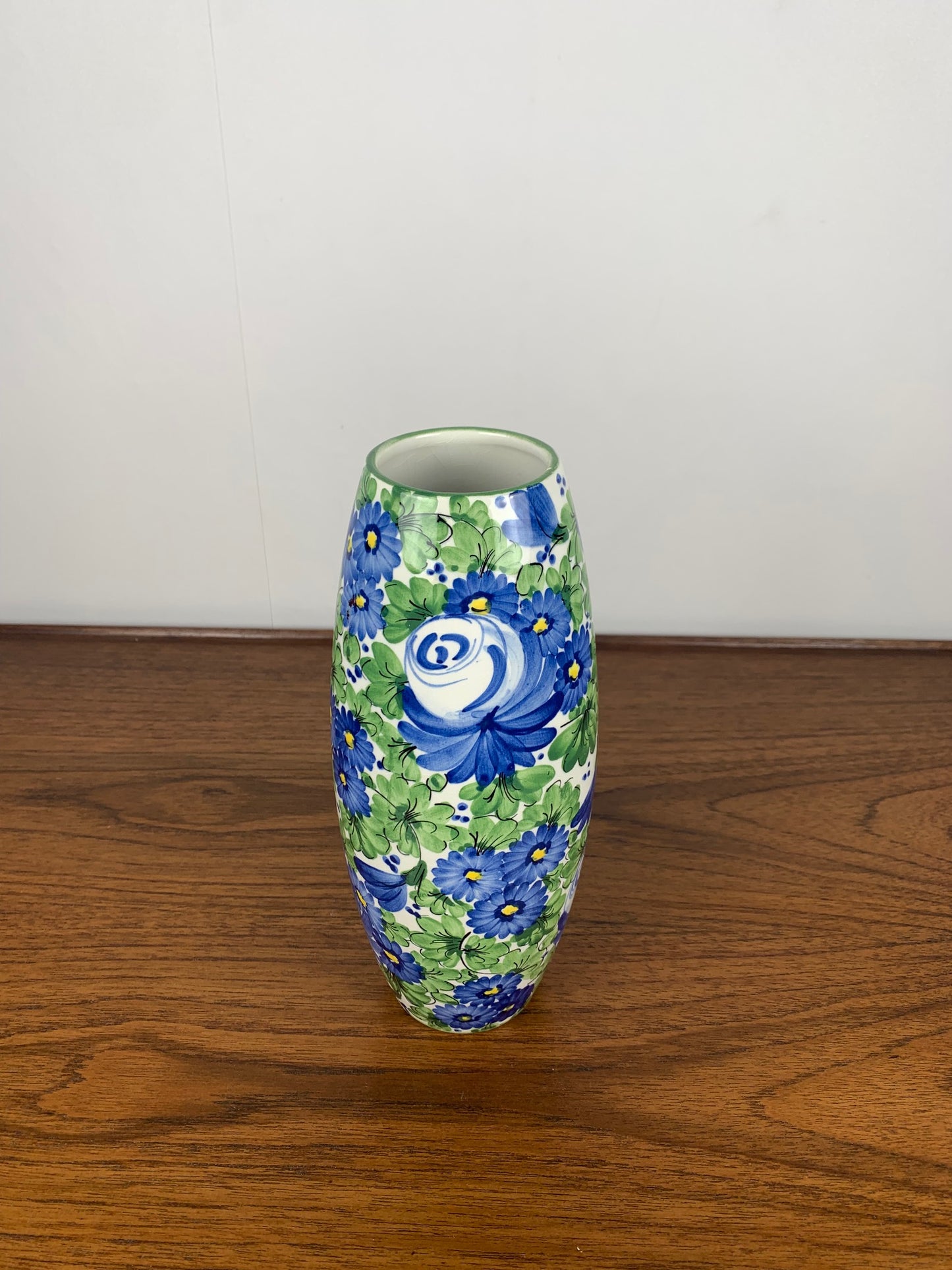 Vase Italien San Marino Titano, motif floral vert et bleu, MCM