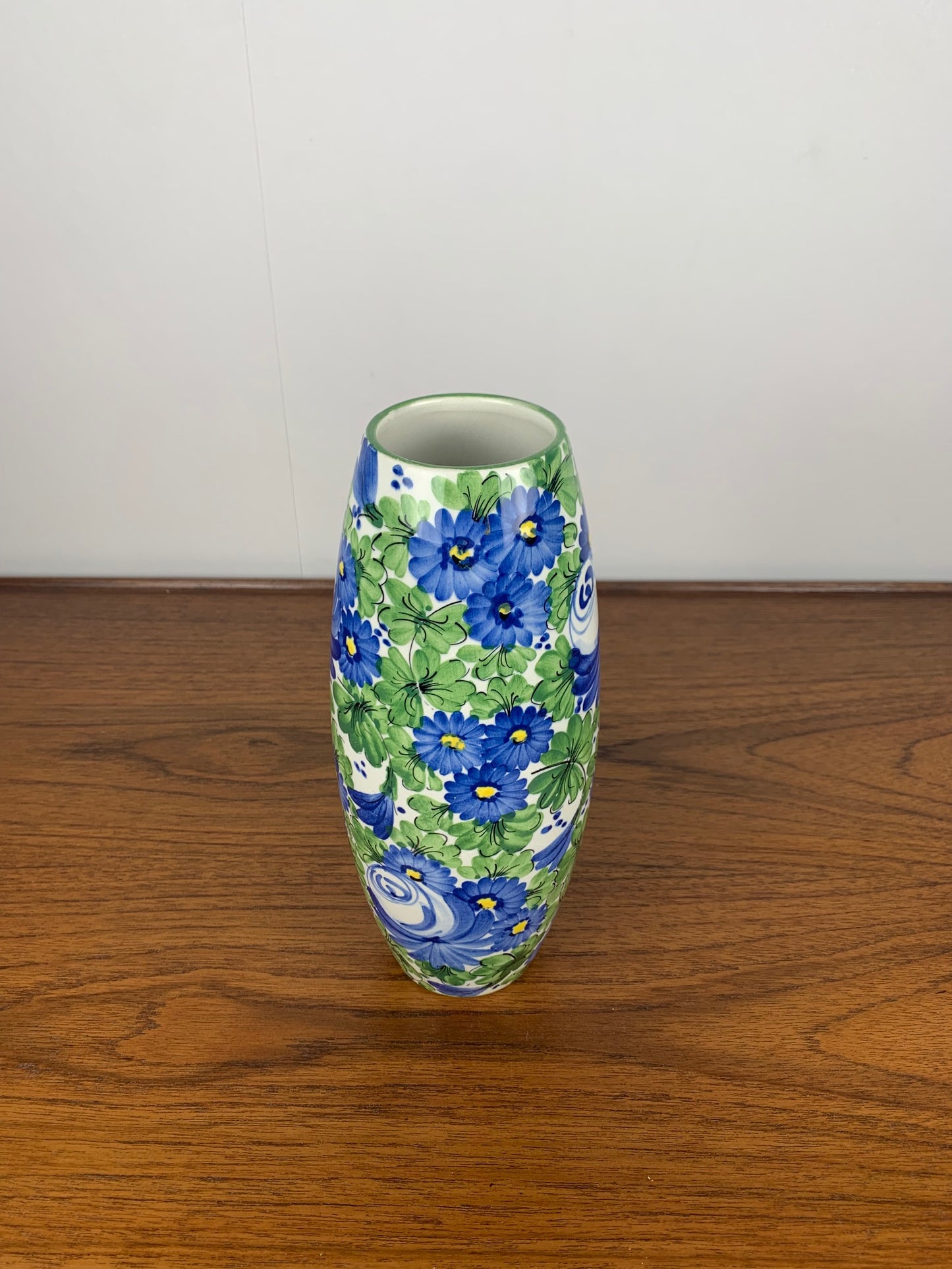 Vase Italien San Marino Titano, motif floral vert et bleu, MCM
