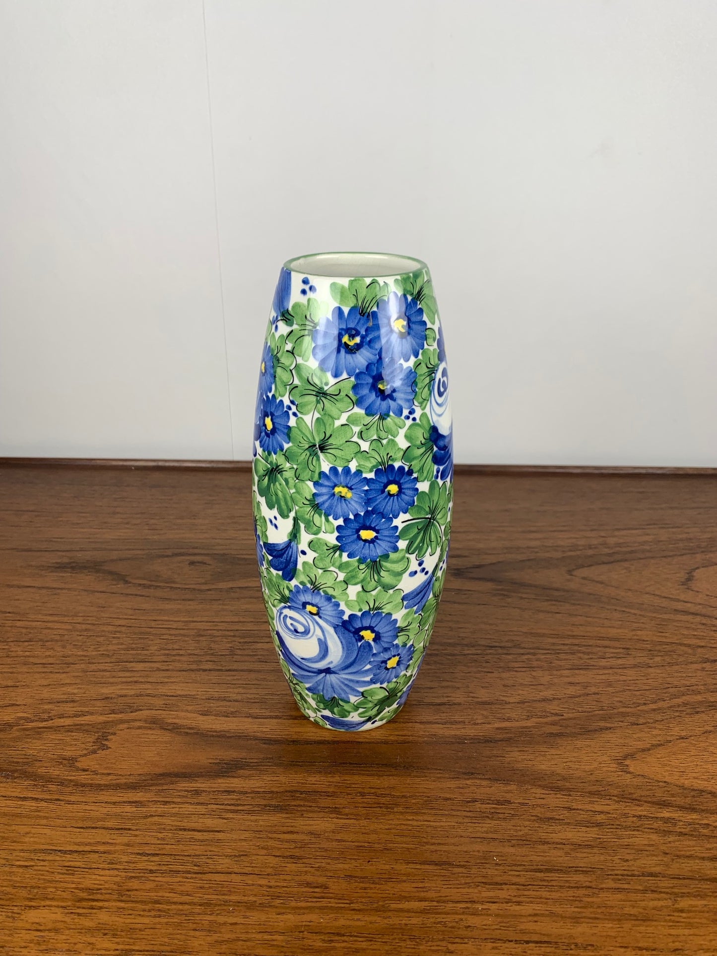 Vase Italien San Marino Titano, motif floral vert et bleu, MCM