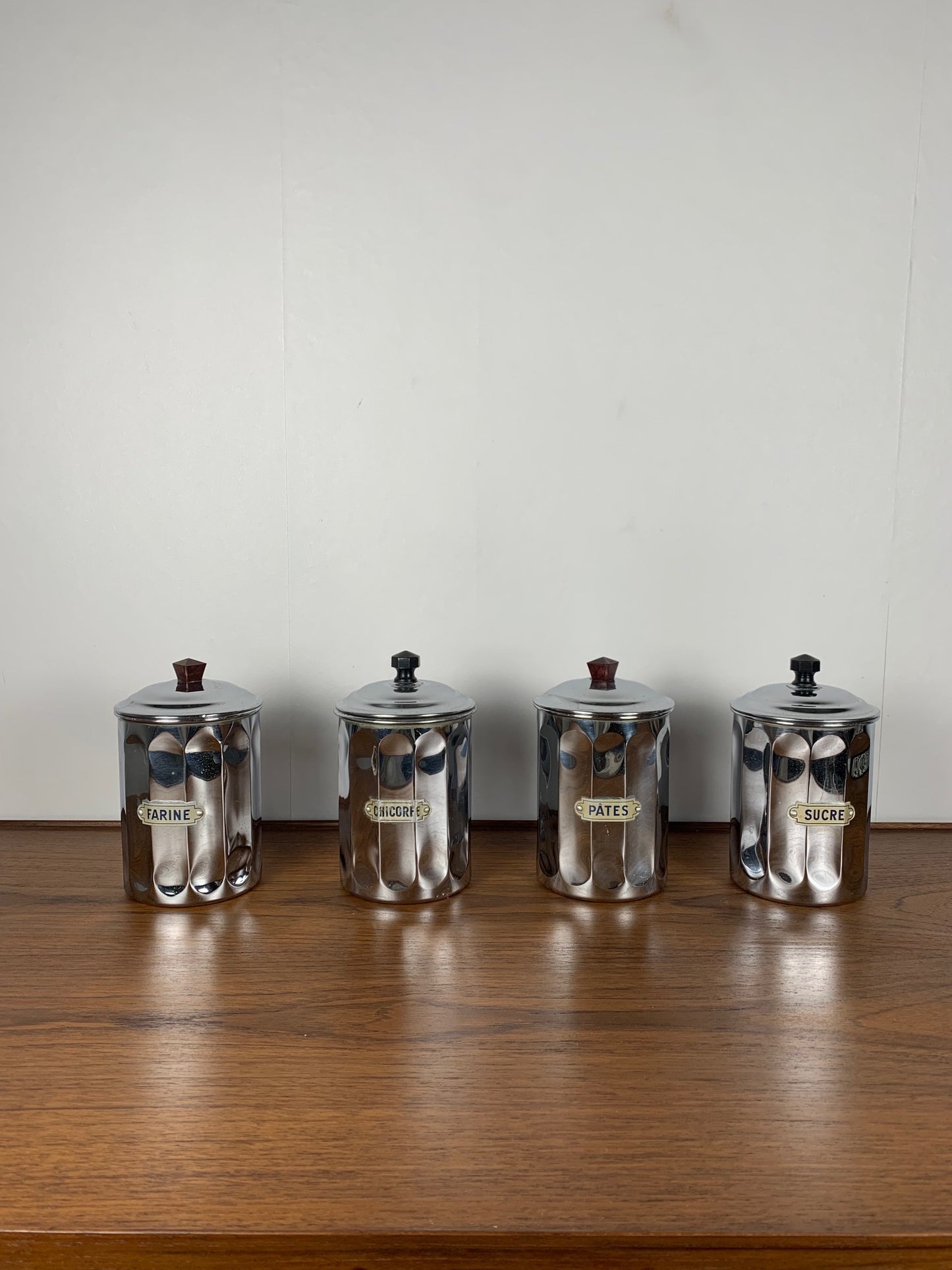 Set of 4 1950s chrome-plated copper storage jars, DAB