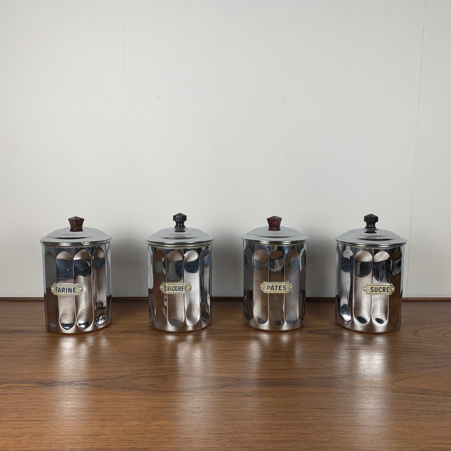 Set of 4 1950s chrome-plated copper storage jars, DAB