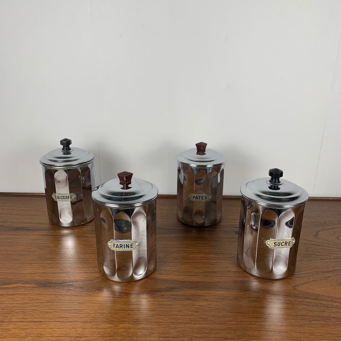 Set of 4 1950s chrome-plated copper storage jars, DAB