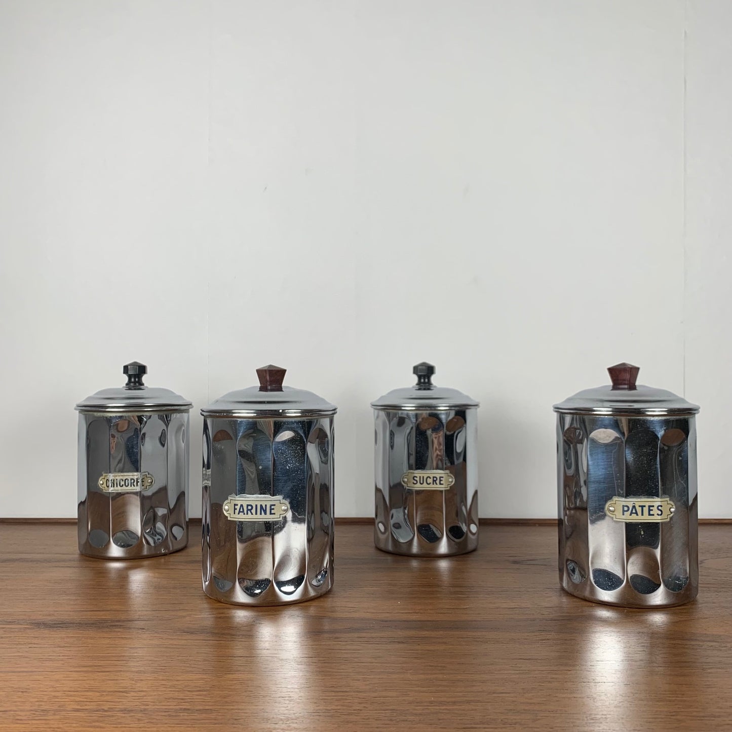 Set of 4 1950s chrome-plated copper storage jars, DAB