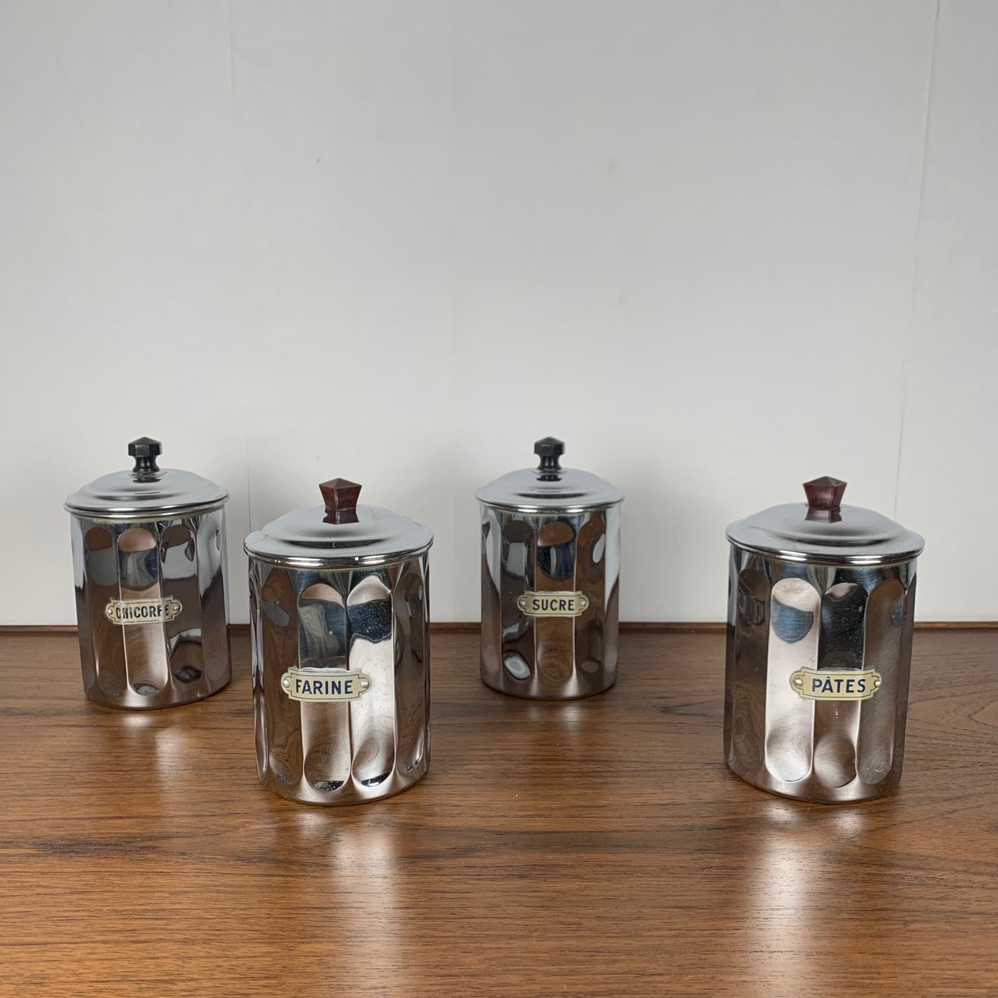 Set of 4 1950s chrome-plated copper storage jars, DAB