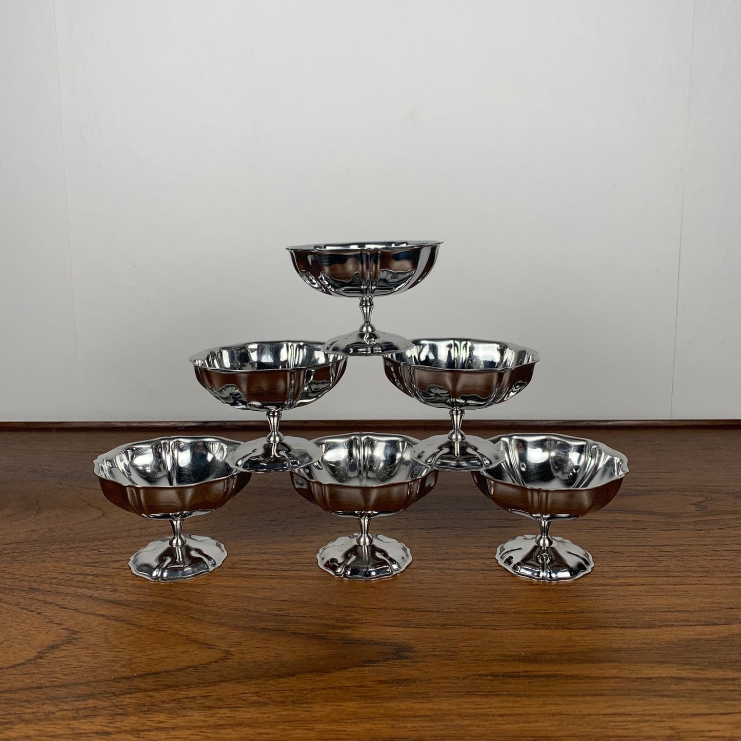 Set of 6 stainless steel ice cream cups, 1970, flower shape