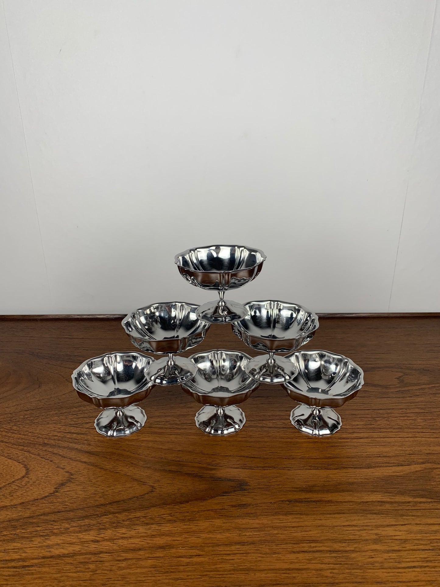 Set of 6 stainless steel ice cream cups, 1970, flower shape