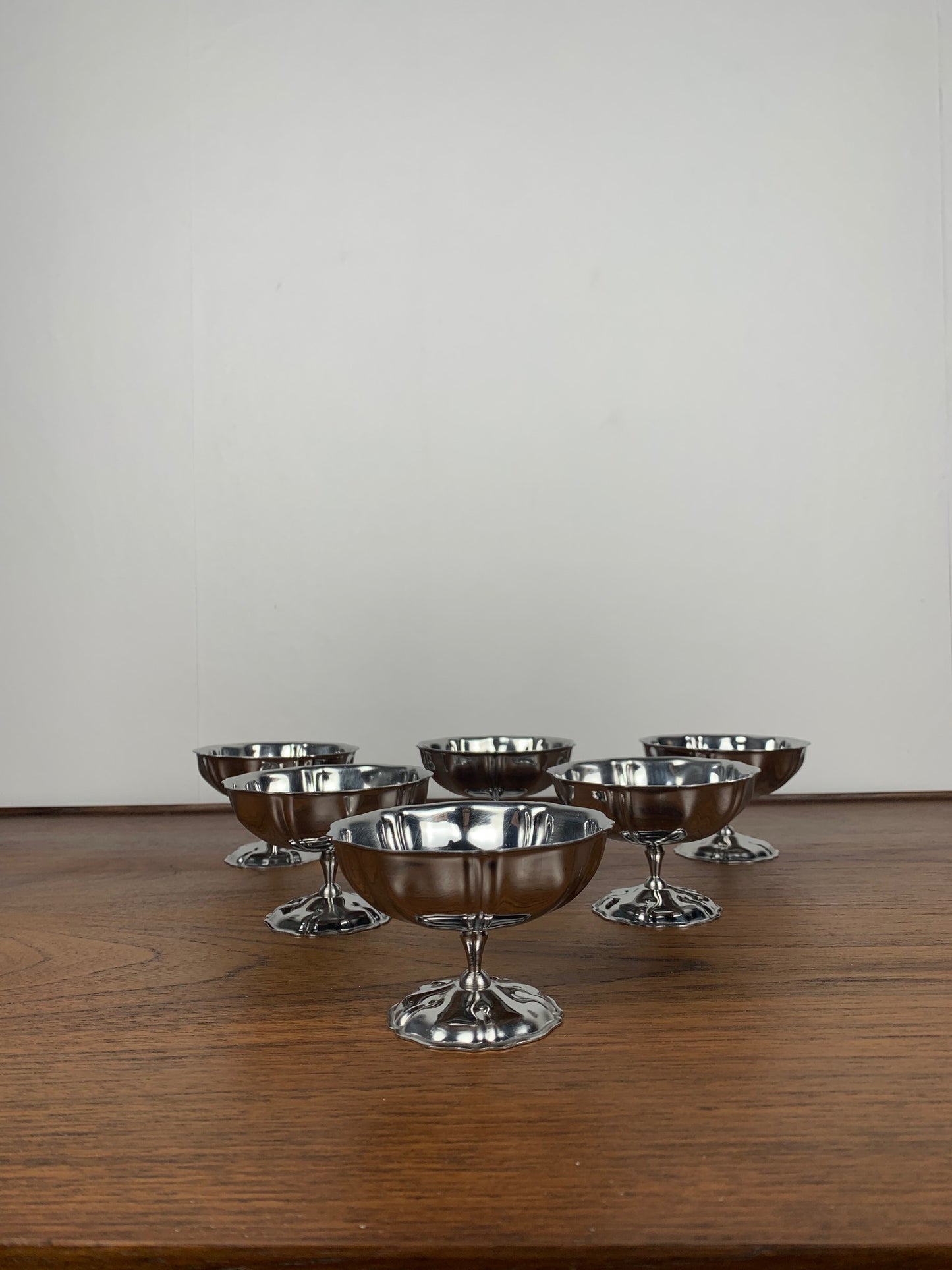 Set of 6 stainless steel ice cream cups, 1970, flower shape