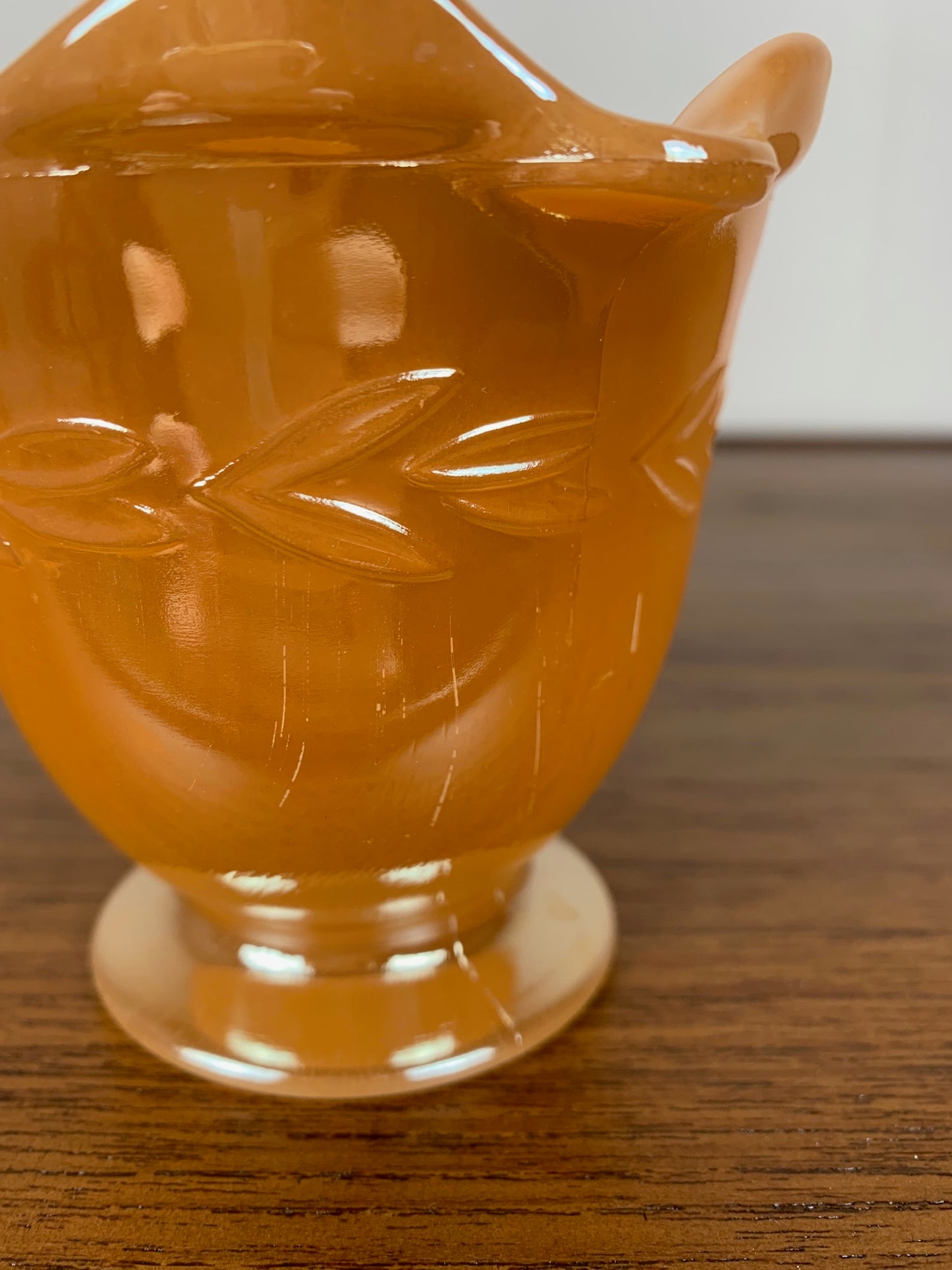 Fire King USA creamer, pearly orange, vintage milk glass, 1950