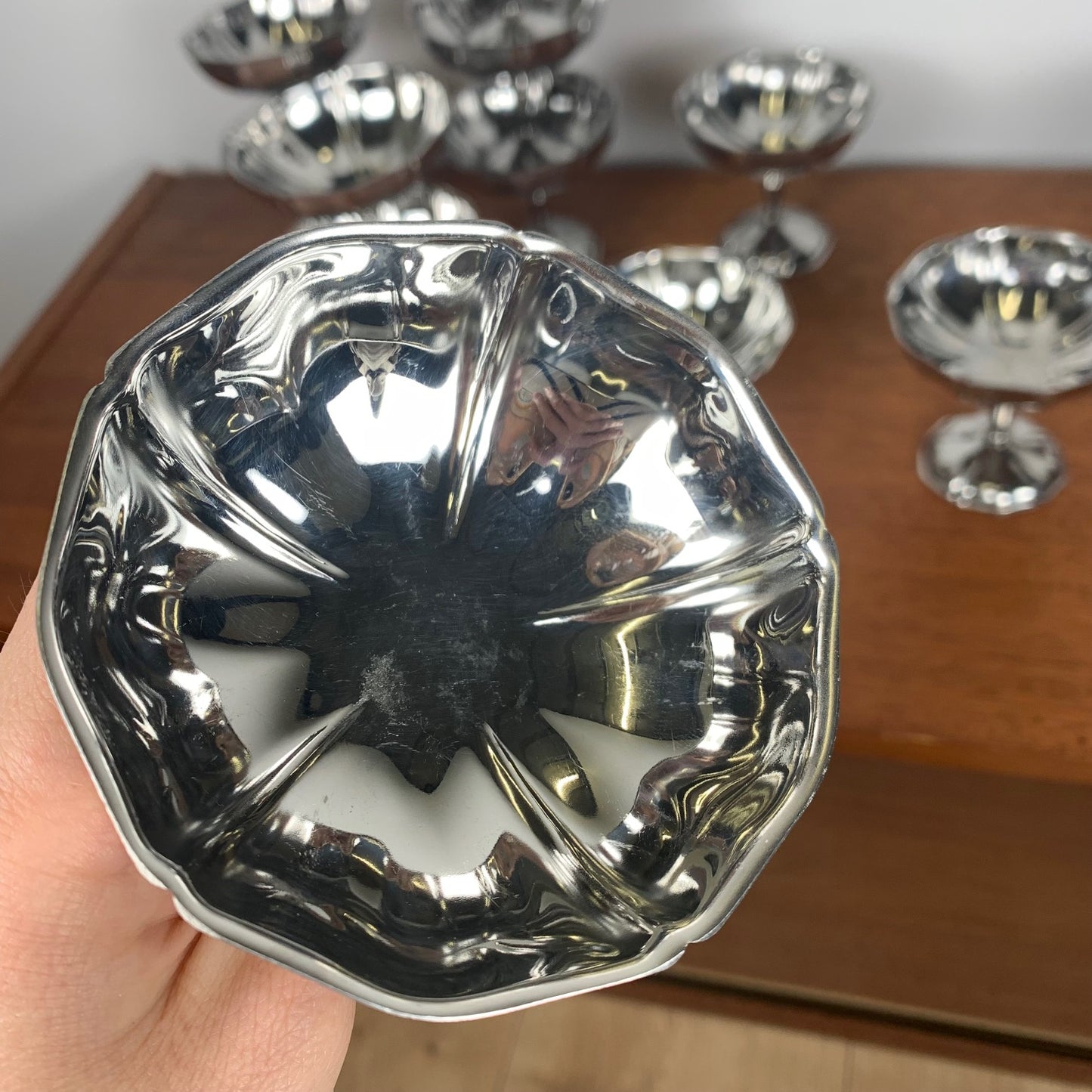 Set of 12 ice cream cups, flower shape, stainless steel, 1970