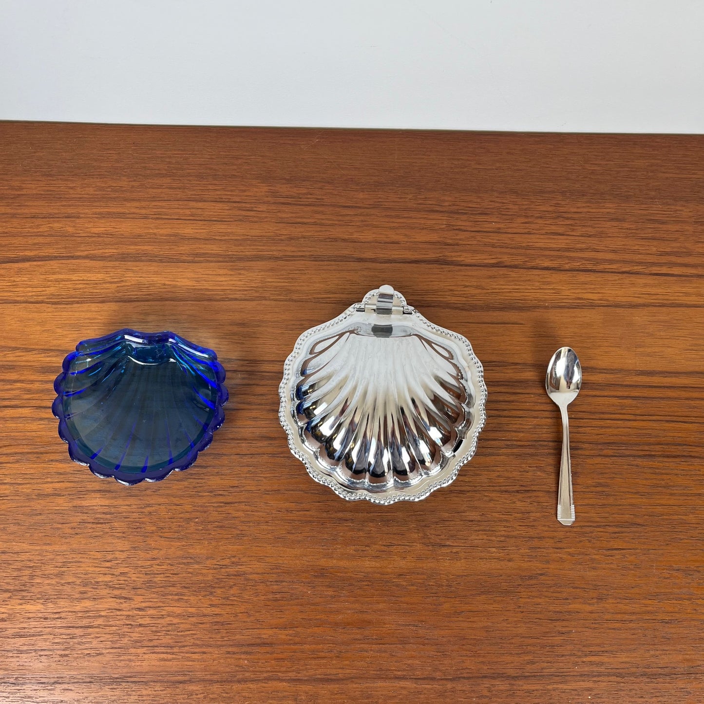 Silver-plated metal shell butter dish with blue insert, 1970
