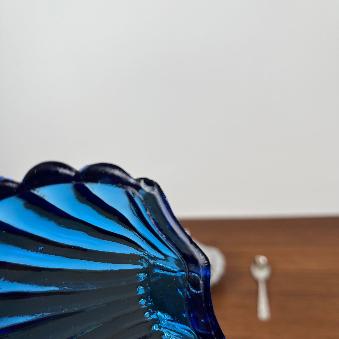 Silver-plated metal shell butter dish with blue insert, 1970