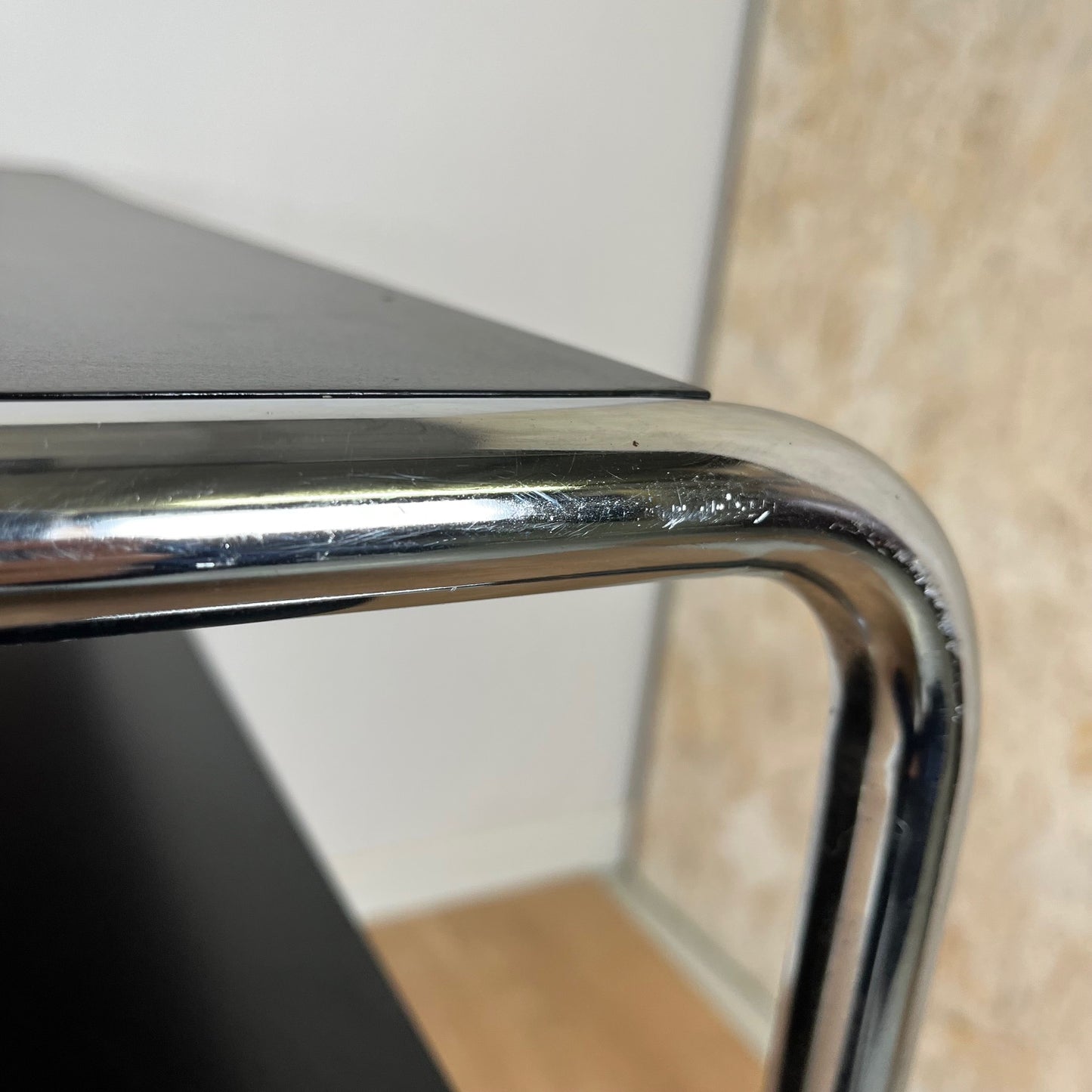 Bauhaus-style desk in tubular steel and black lacquered wooden top, 1980