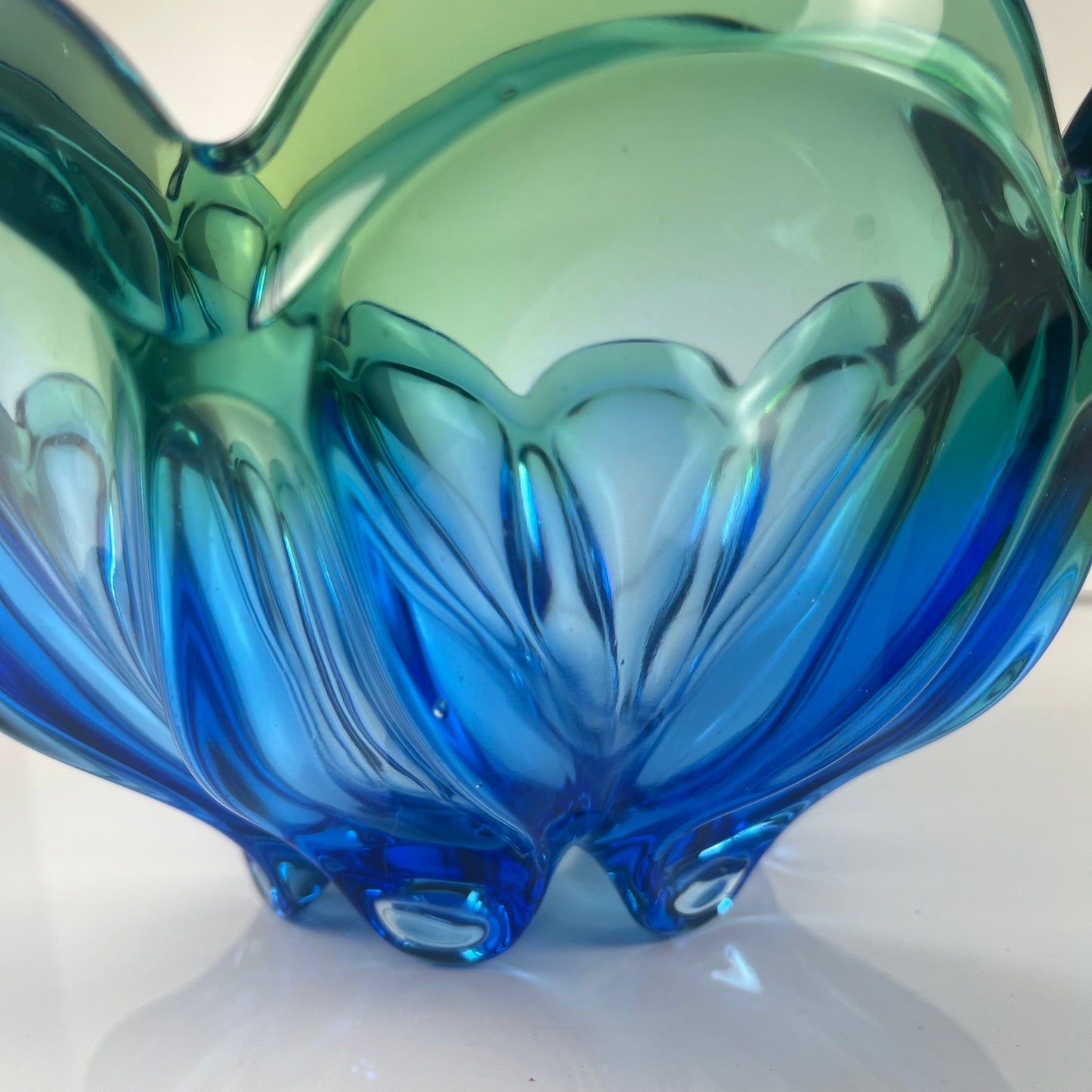 Murano glass bowl / large vide poche, flower shape, green-blue gradient, 1960s