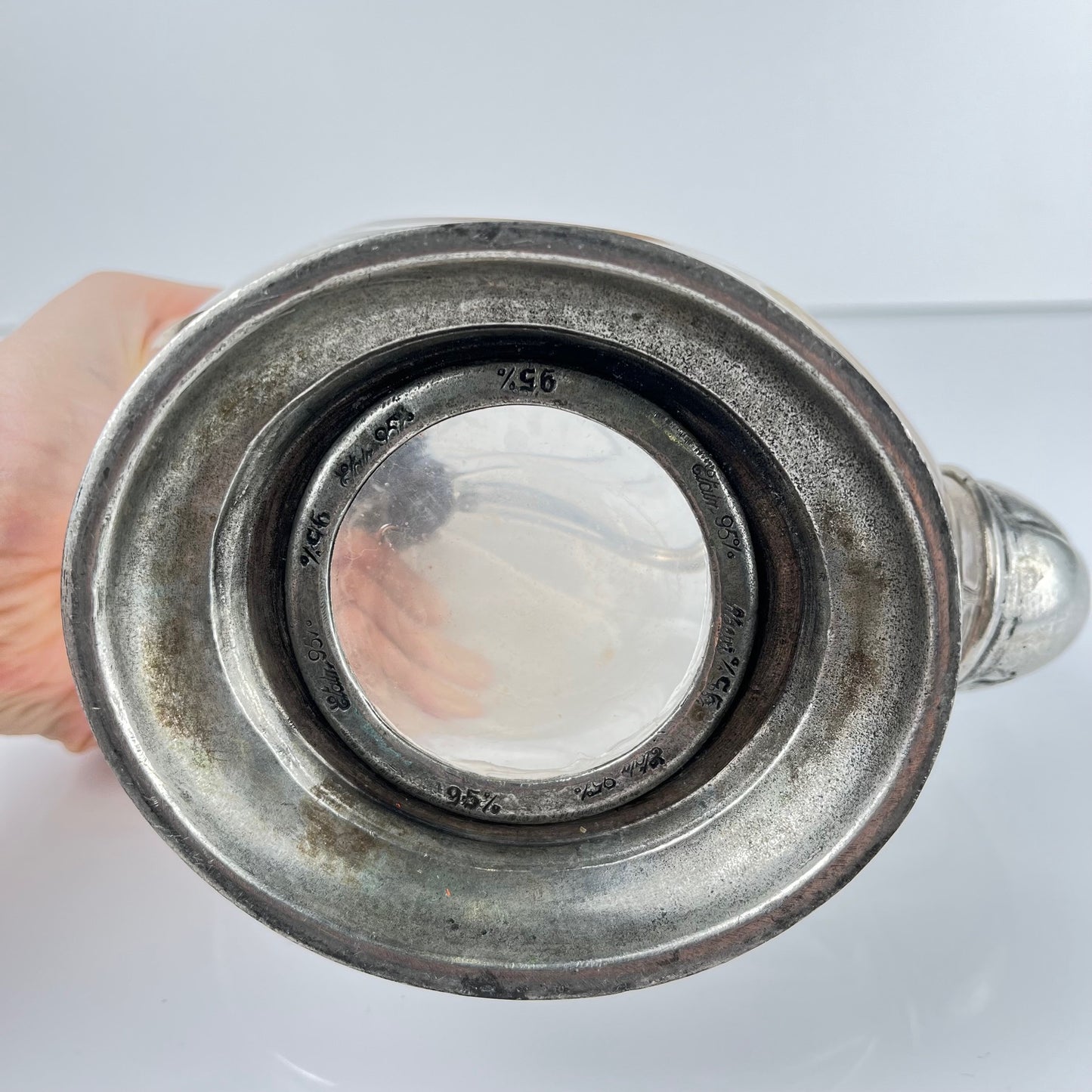 Aiguière Zoomorphe coq en verre et étain, style Art Déco, vers 1930-1950