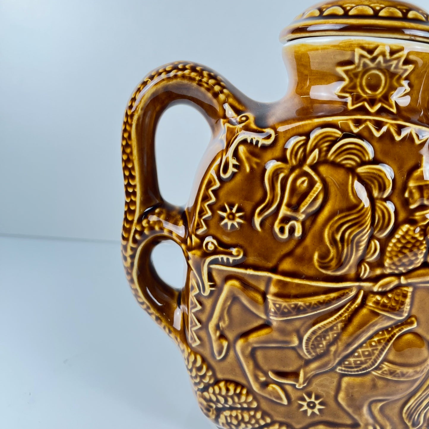 Decorative earthenware teapot/jug with Saint George and the dragon design, Eastern Europe, 1950–1970