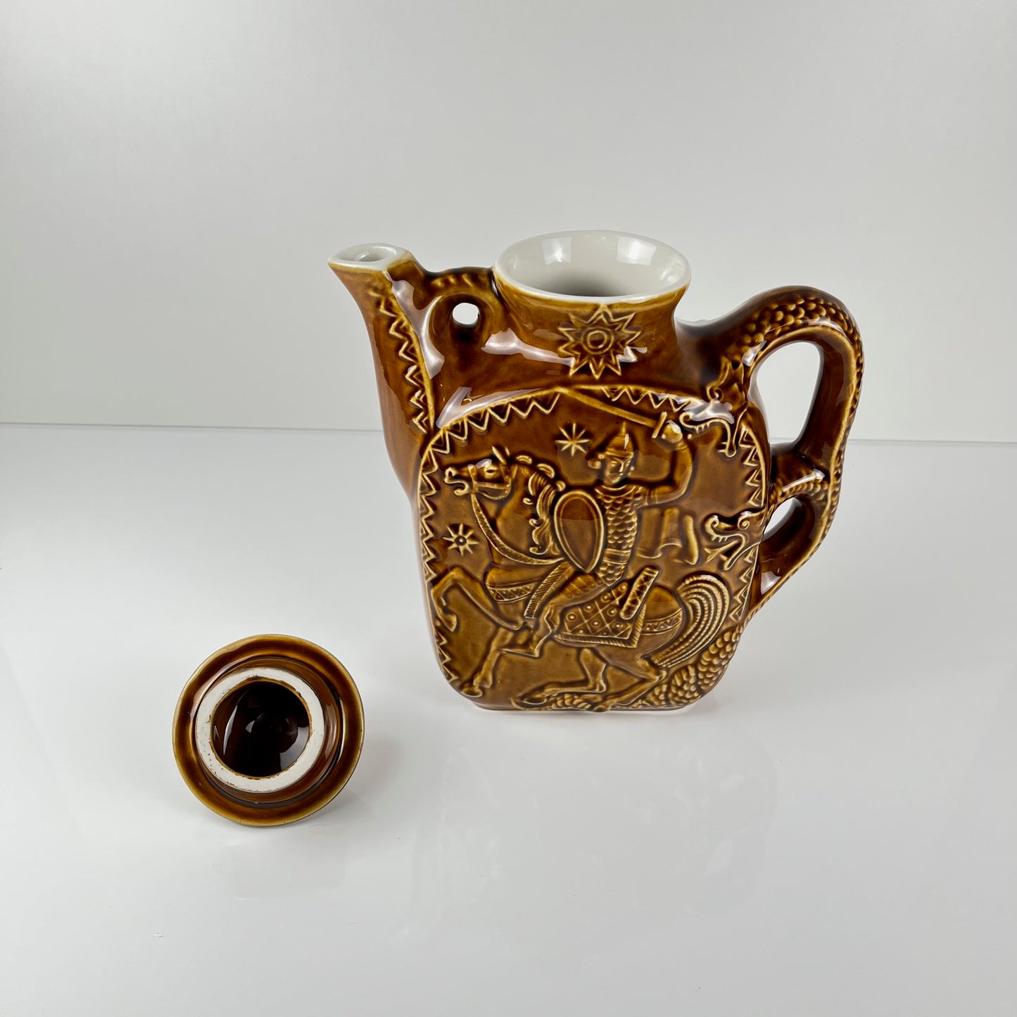 Decorative earthenware teapot/jug with Saint George and the dragon design, Eastern Europe, 1950–1970