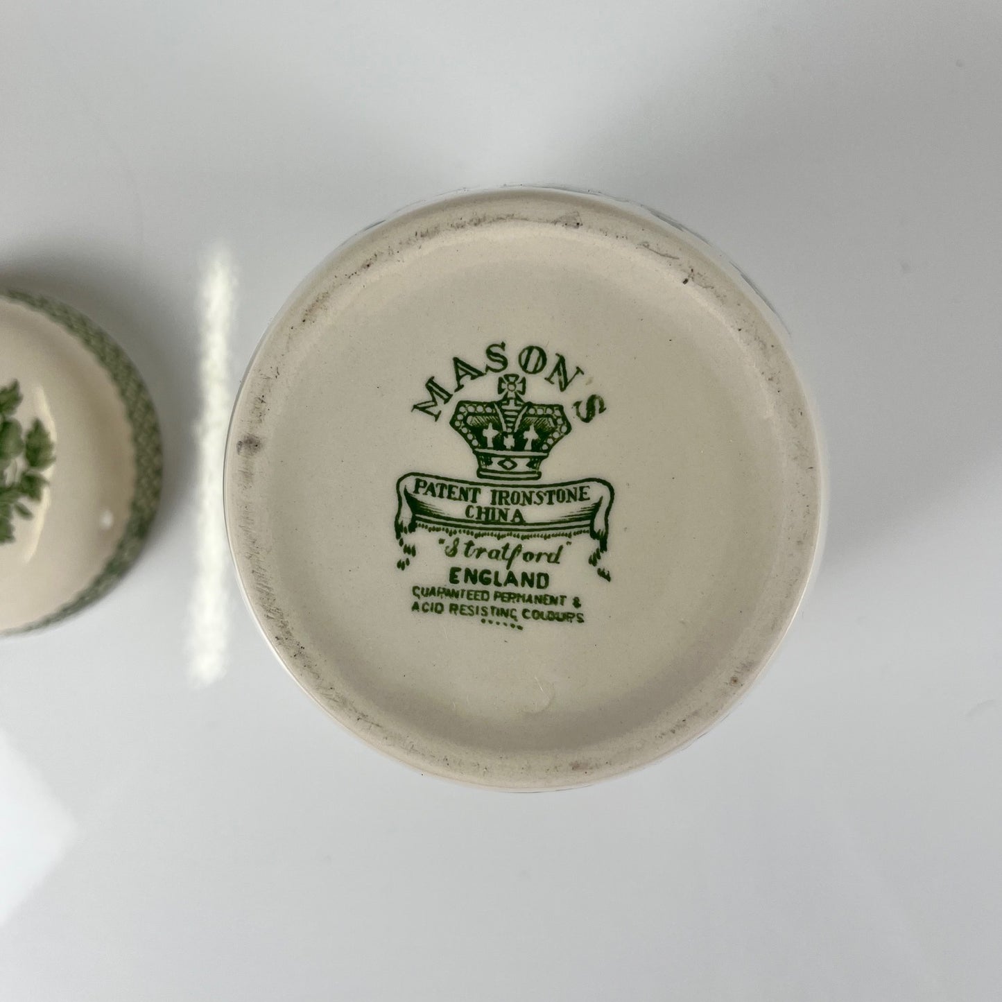 Pair of Mason's Ironstone boxes, "Stratford" green decor, England, 1970