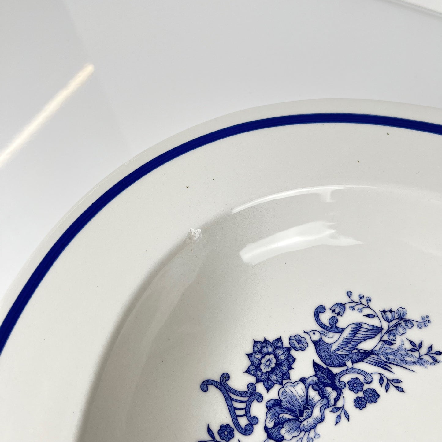 Grand plat ovale blanc & bleu, motif oiseau et fleur