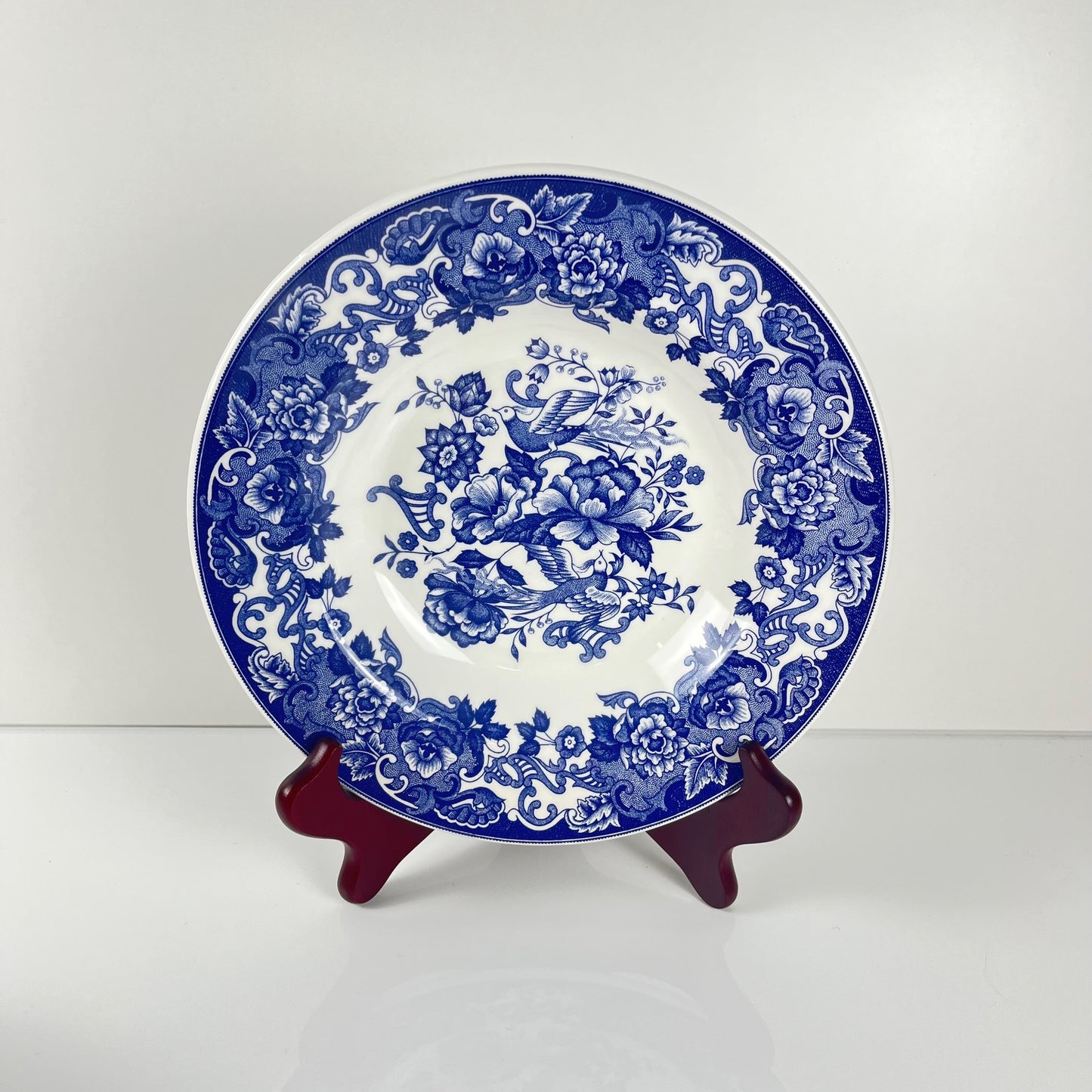 Set of 6 blue earthenware soup plates, floral and bird decoration, early 20th century