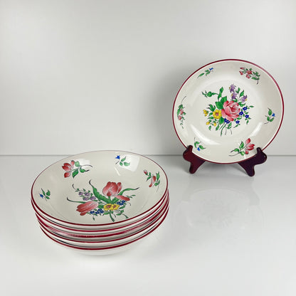 Set of 6 deep plates, "Réverbère" model by KG Lunéville, tulip and rose pattern.