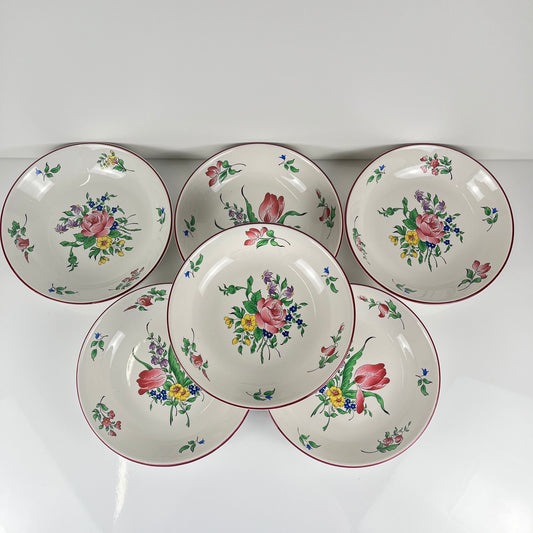 Set de 6 assiettes calottes Modèle Réverbère par KG Lunéville, motif tulipe & rose