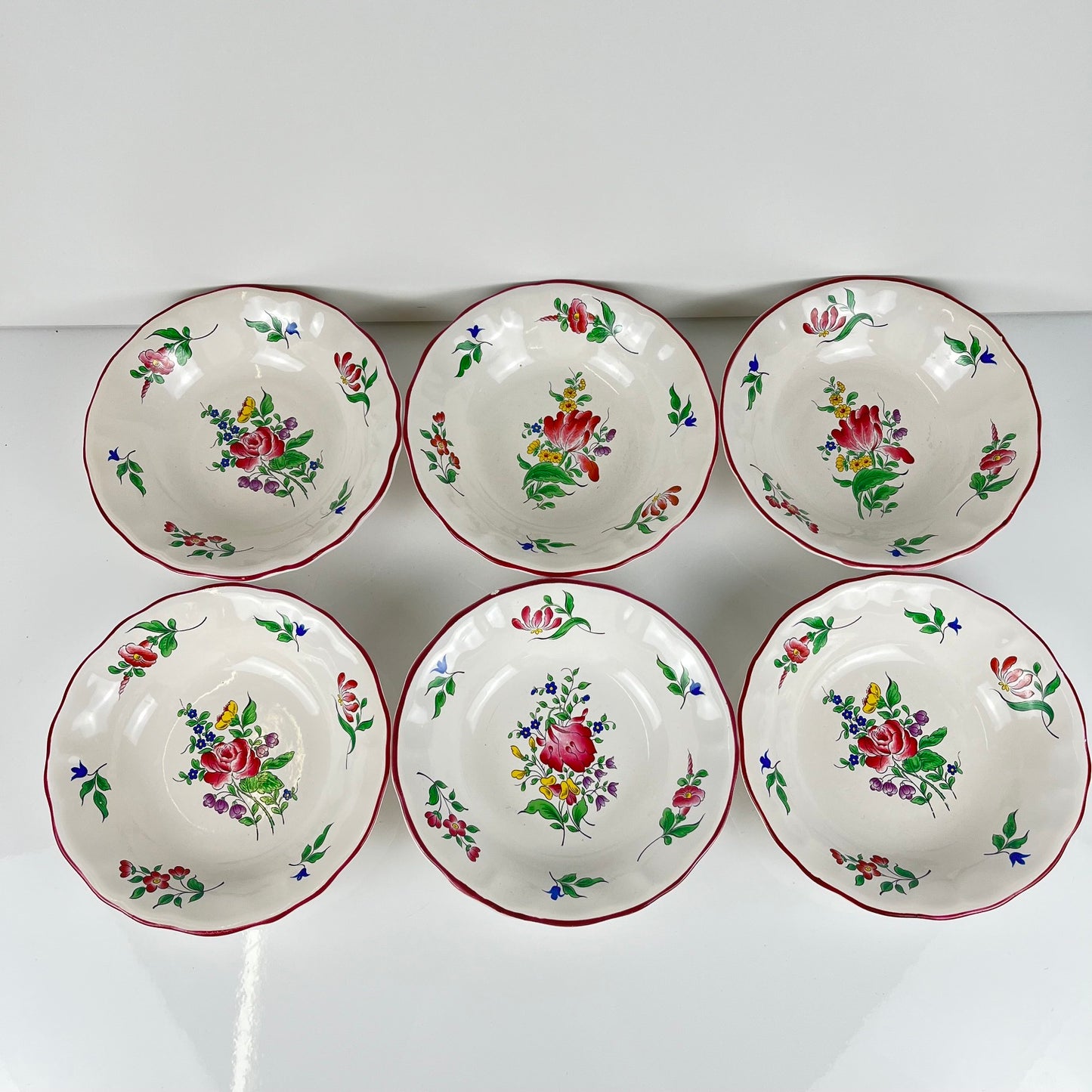 Set de 6 coupelles, Modèle Réverbère par KG Lunéville, motif tulipe & rose