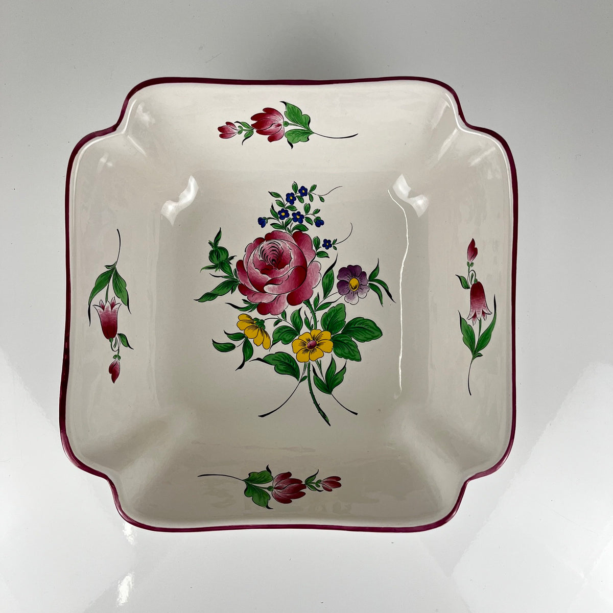 Square salad bowl, Réverbère model by KG Lunéville, rose pattern