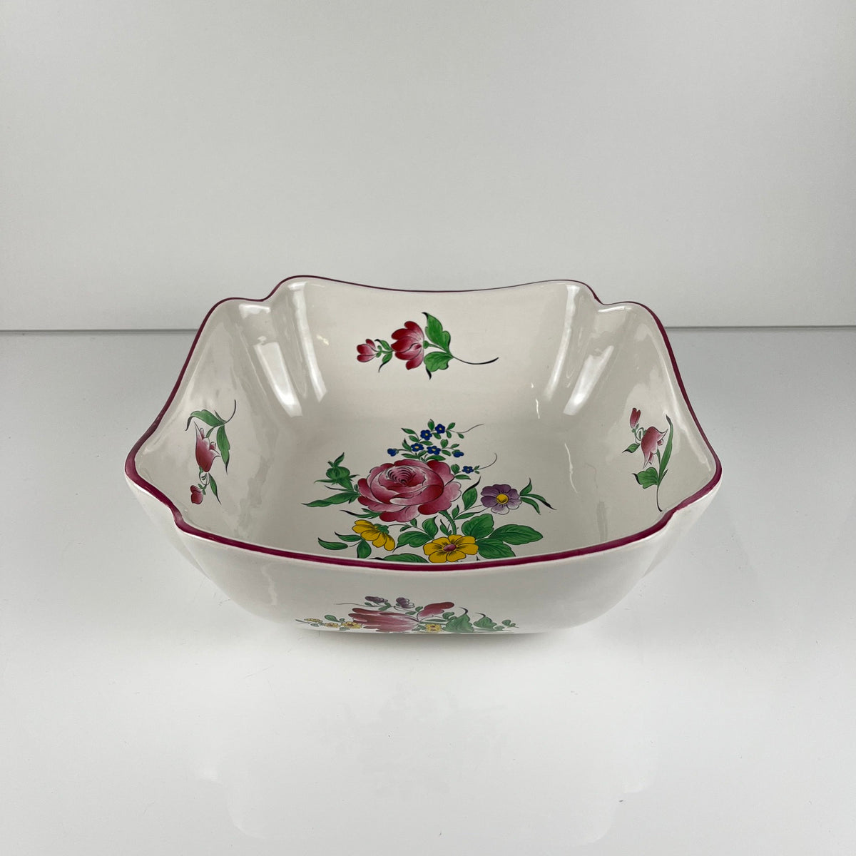 Square salad bowl, Réverbère model by KG Lunéville, rose pattern