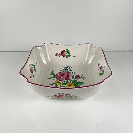 Saladier carré, Modèle Réverbère par KG Lunéville, motif rose