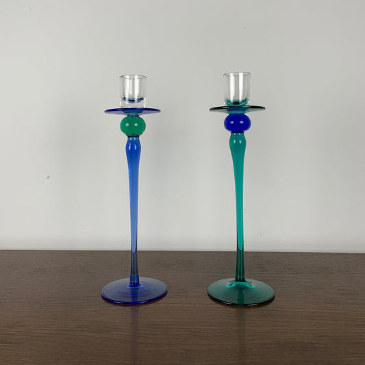 Duo of blue and green glass candle holders