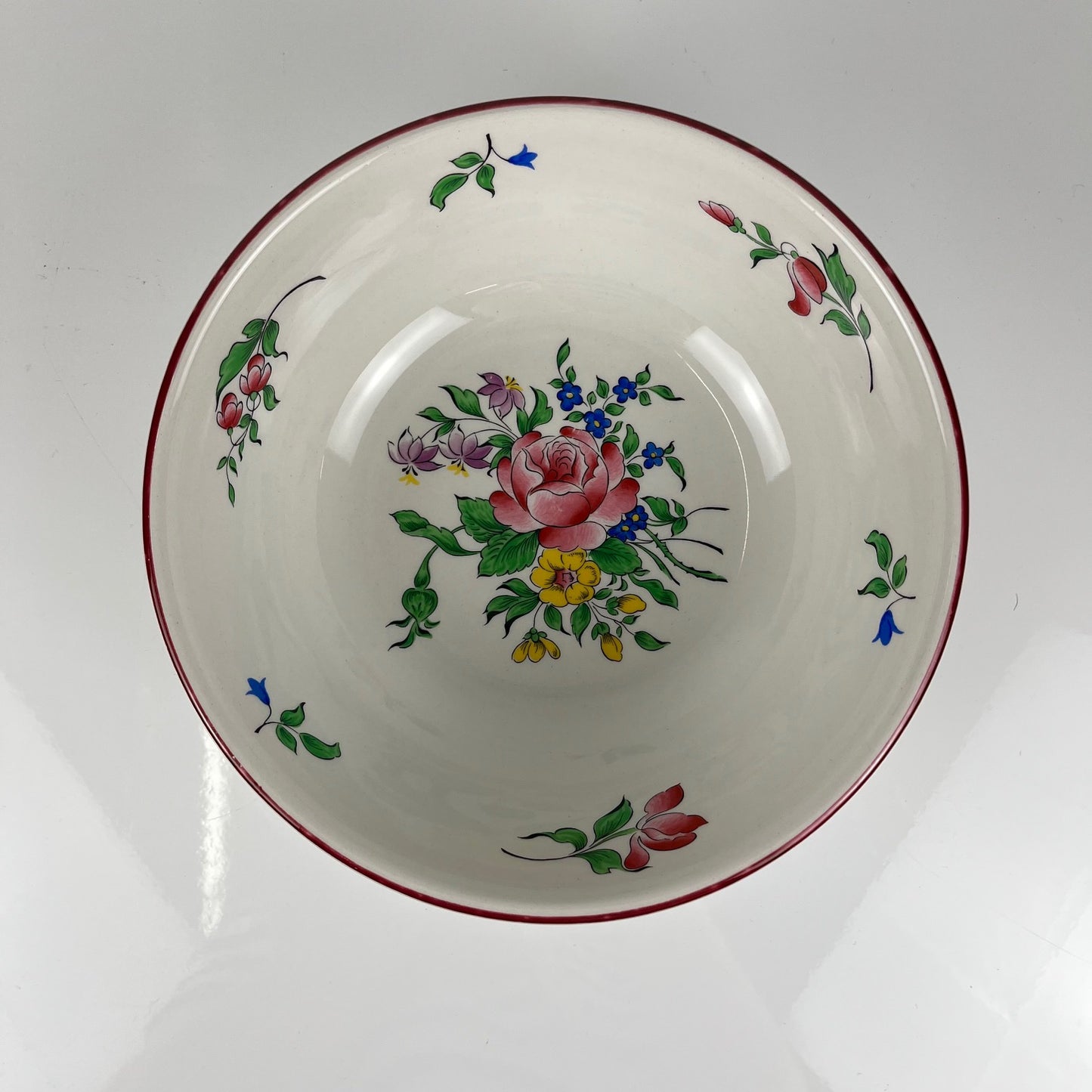 Saladier PM, Modèle Réverbère par KG Lunéville, motif rose, exterieur travaillé
