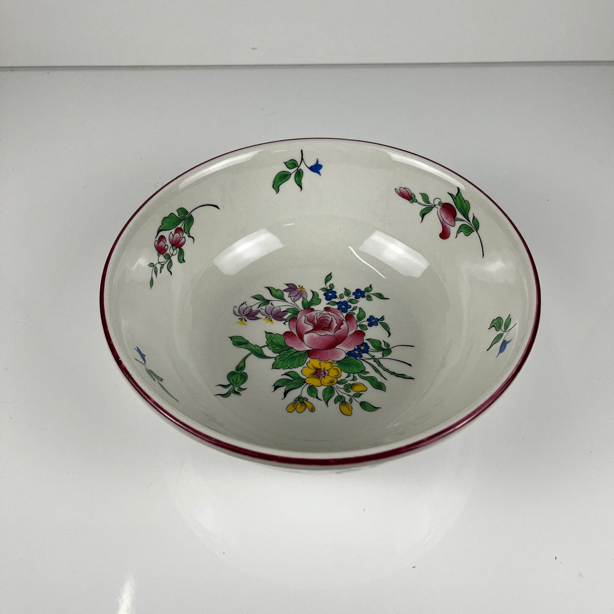 Saladier PM, Modèle Réverbère par KG Lunéville, motif rose, exterieur travaillé