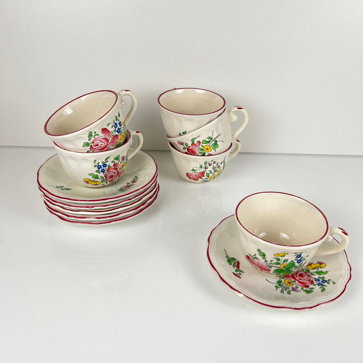 Set of 6 coffee cups with saucers, "Réverbère" pattern by KG Lunéville
