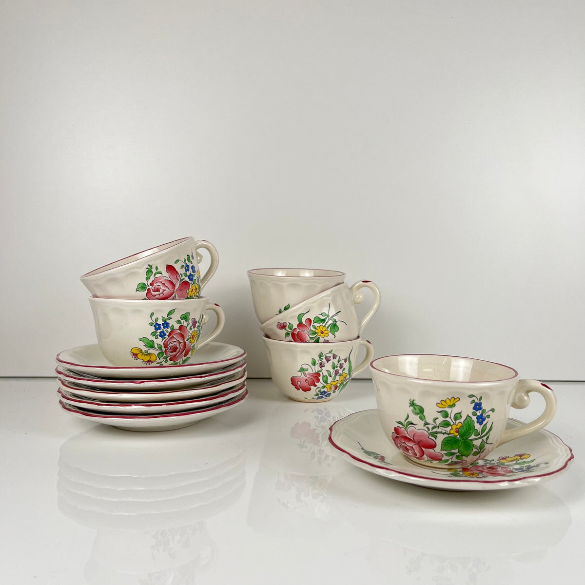 Set of 6 coffee cups with saucers, "Réverbère" pattern by KG Lunéville