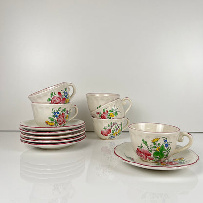Set of 6 coffee cups with saucers, "Réverbère" pattern by KG Lunéville