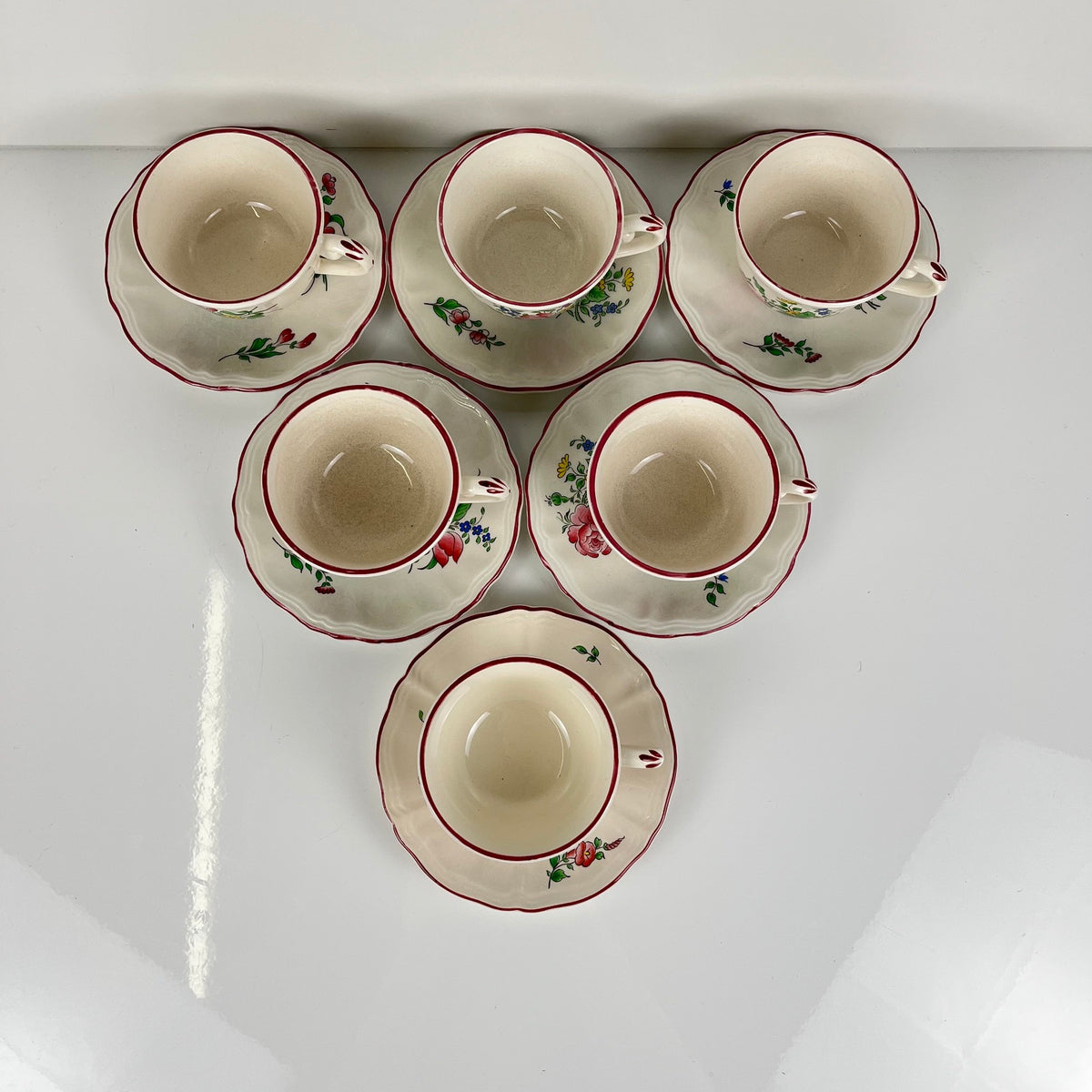 Set of 6 coffee cups with saucers, "Réverbère" pattern by KG Lunéville
