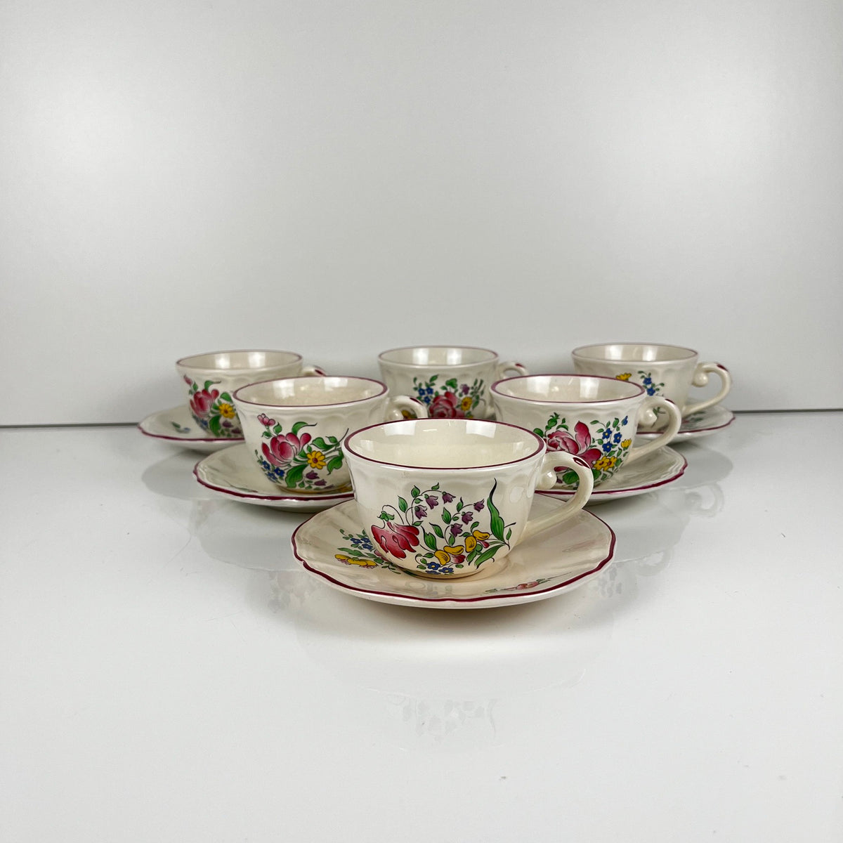 Set of 6 coffee cups with saucers, "Réverbère" pattern by KG Lunéville