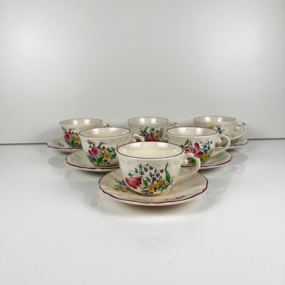 Set of 6 coffee cups with saucers, "Réverbère" pattern by KG Lunéville