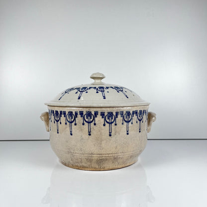 Antique Saint-Uze stoneware hot water bottle / casserole, blue decoration, early 20th century.