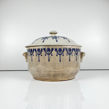 Antique Saint-Uze stoneware hot water bottle / casserole, blue decoration, early 20th century.