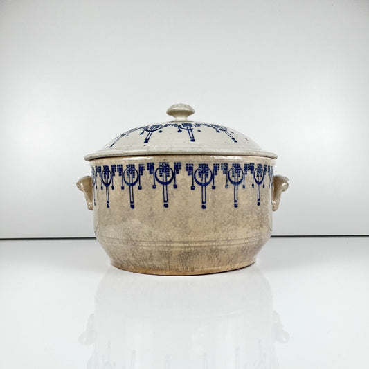 Bouillotte / cocotte ancienne en grès de Saint Uze, décor bleu, Début XXème s.