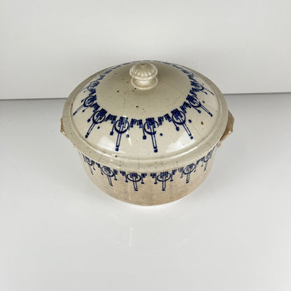 Antique Saint-Uze stoneware hot water bottle / casserole, blue decoration, early 20th century.