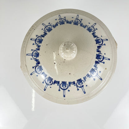Antique Saint-Uze stoneware hot water bottle / casserole, blue decoration, early 20th century.