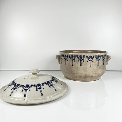 Antique Saint-Uze stoneware hot water bottle / casserole, blue decoration, early 20th century.