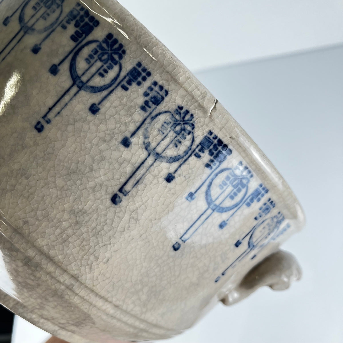 Antique Saint-Uze stoneware hot water bottle / casserole, blue decoration, early 20th century.