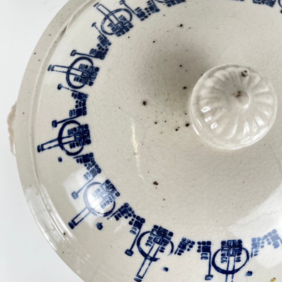 Antique Saint-Uze stoneware hot water bottle / casserole, blue decoration, early 20th century.