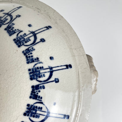 Antique Saint-Uze stoneware hot water bottle / casserole, blue decoration, early 20th century.